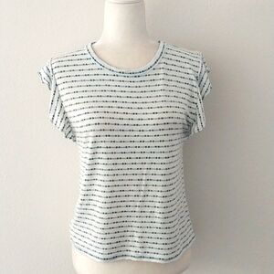 LOFT Women's White and Teal Blue Ruffle Sleeve Casual Top size XS